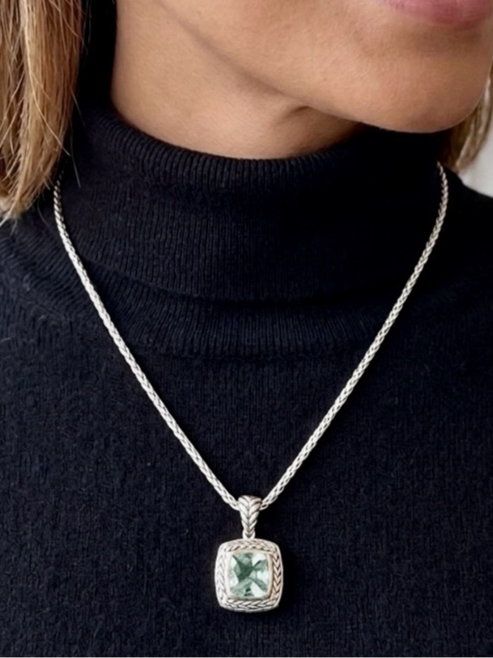 EAS Sterling Silver & 14kt Yellow Gold Cushion Cut Green Amethyst Necklace, 18”